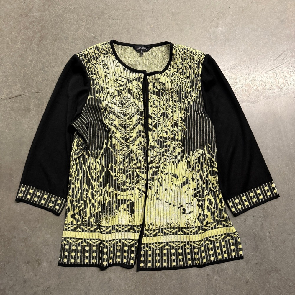 Ming Wang Womens 1X Yellow Black Abstract Knit Open Front Cardigan Jacket